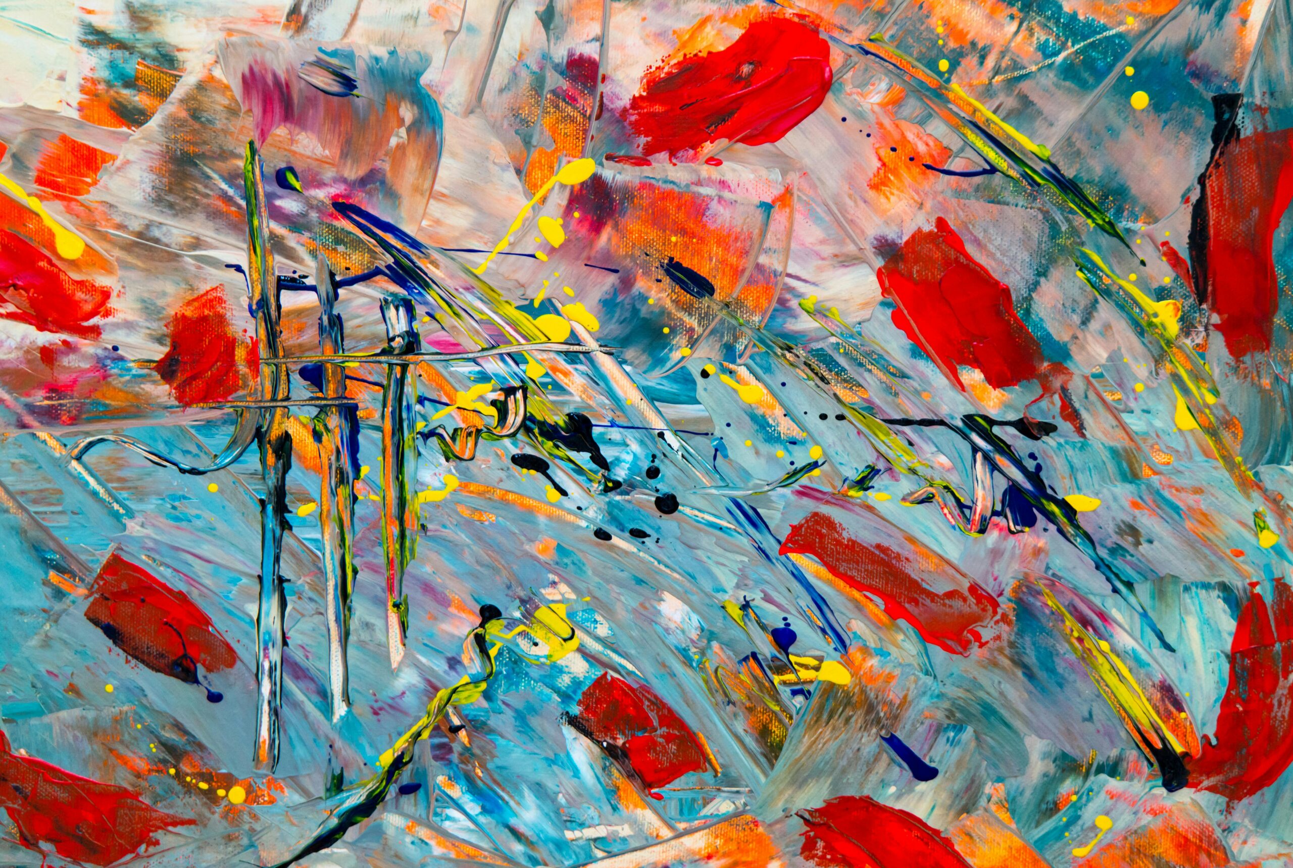 abstract painting with bright red blotches